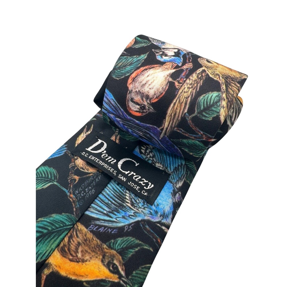 D'em Crazy Mens‎ Black Wild Bird Print Silk Necktie 1996 - Picture 4 of 4